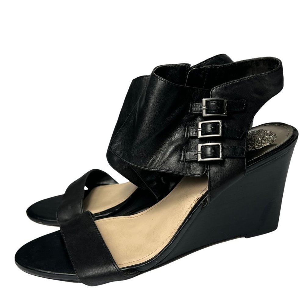 Vince Camuto Black Leather Lyssia Wedge Heel US Women's 10M Buckle Details